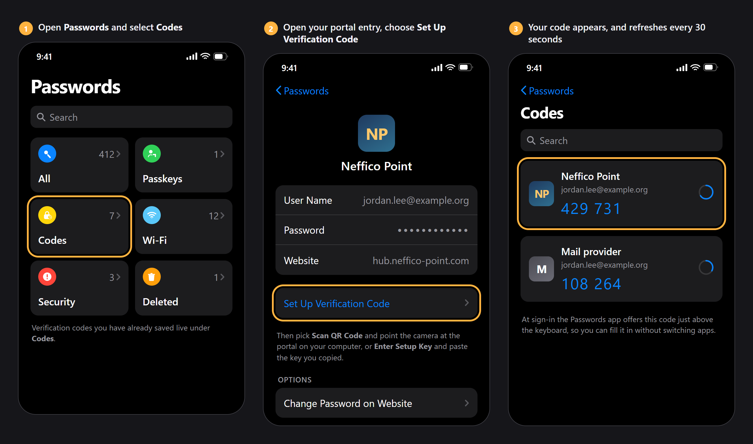 Illustration of the three screens in Apple's Passwords app: the home screen with Codes highlighted, a saved entry showing Set Up Verification Code, and the finished code counting down under Codes