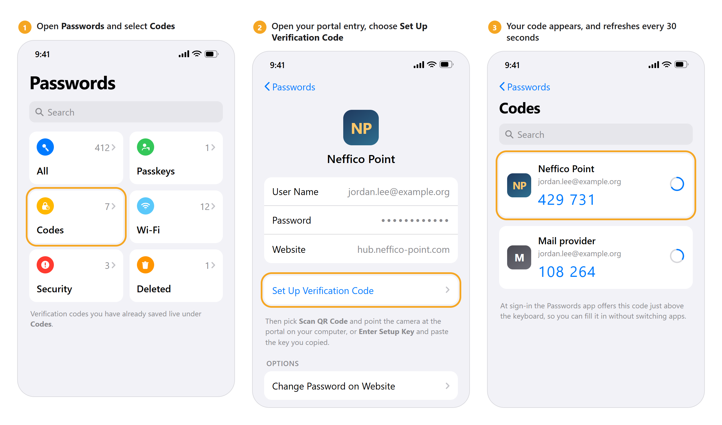 Illustration of the three screens in Apple's Passwords app: the home screen with Codes highlighted, a saved entry showing Set Up Verification Code, and the finished code counting down under Codes