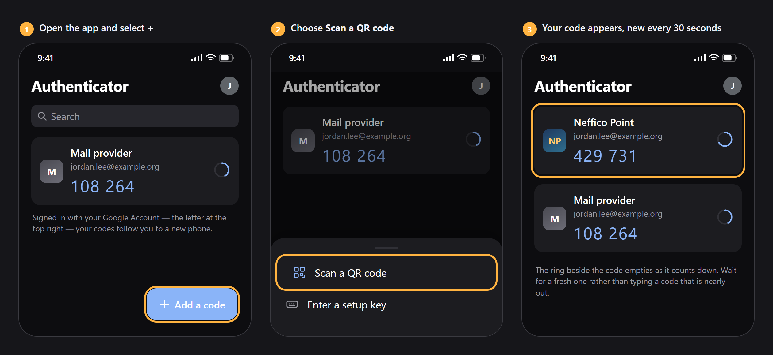 Illustration of three screens in Google Authenticator: the code list with the add button highlighted, the menu with Scan a QR code highlighted, and the finished Neffico Point code counting down