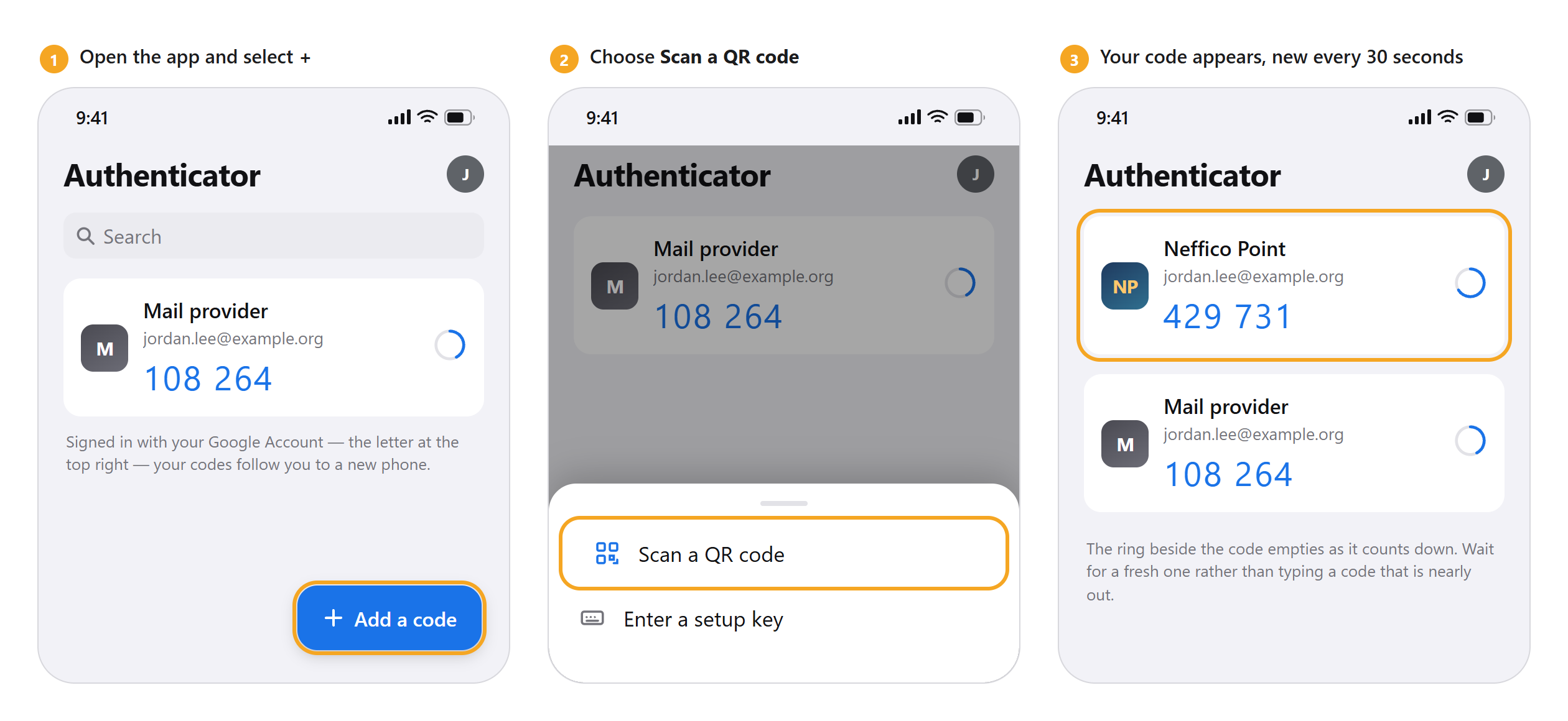 Illustration of three screens in Google Authenticator: the code list with the add button highlighted, the menu with Scan a QR code highlighted, and the finished Neffico Point code counting down