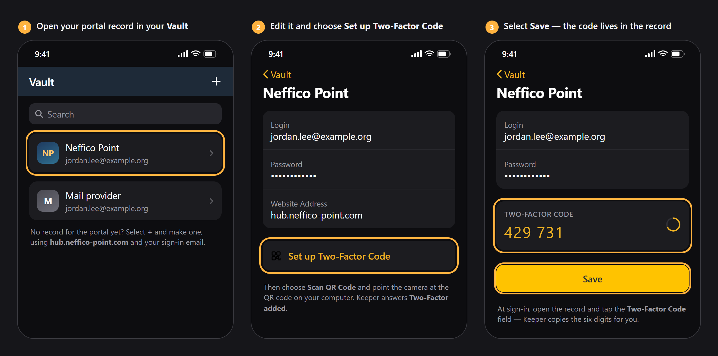 Illustration of three screens in Keeper: the vault with the Neffico Point record highlighted, the record showing Set up Two-Factor Code, and the saved Two-Factor Code field counting down