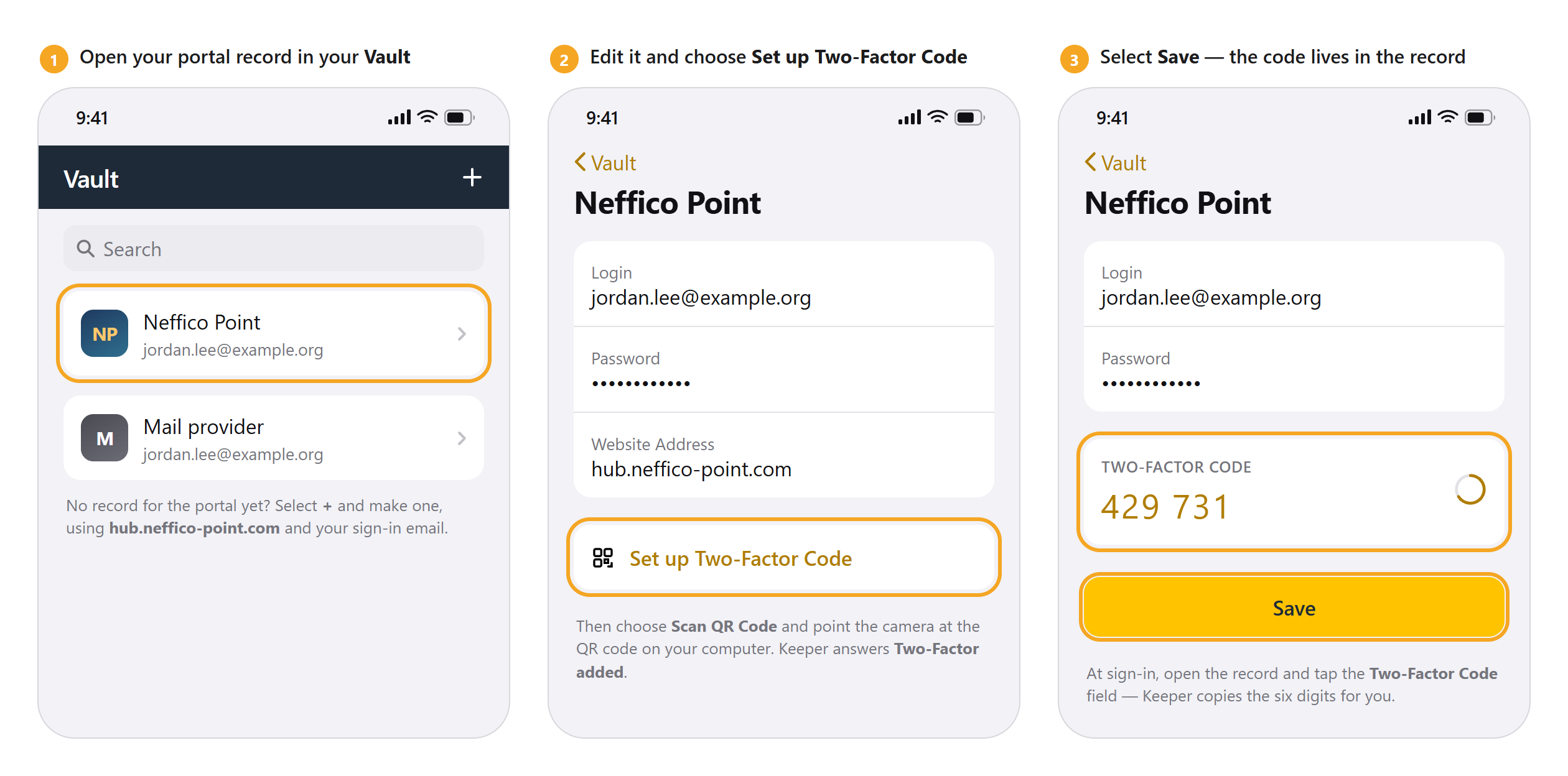 Illustration of three screens in Keeper: the vault with the Neffico Point record highlighted, the record showing Set up Two-Factor Code, and the saved Two-Factor Code field counting down