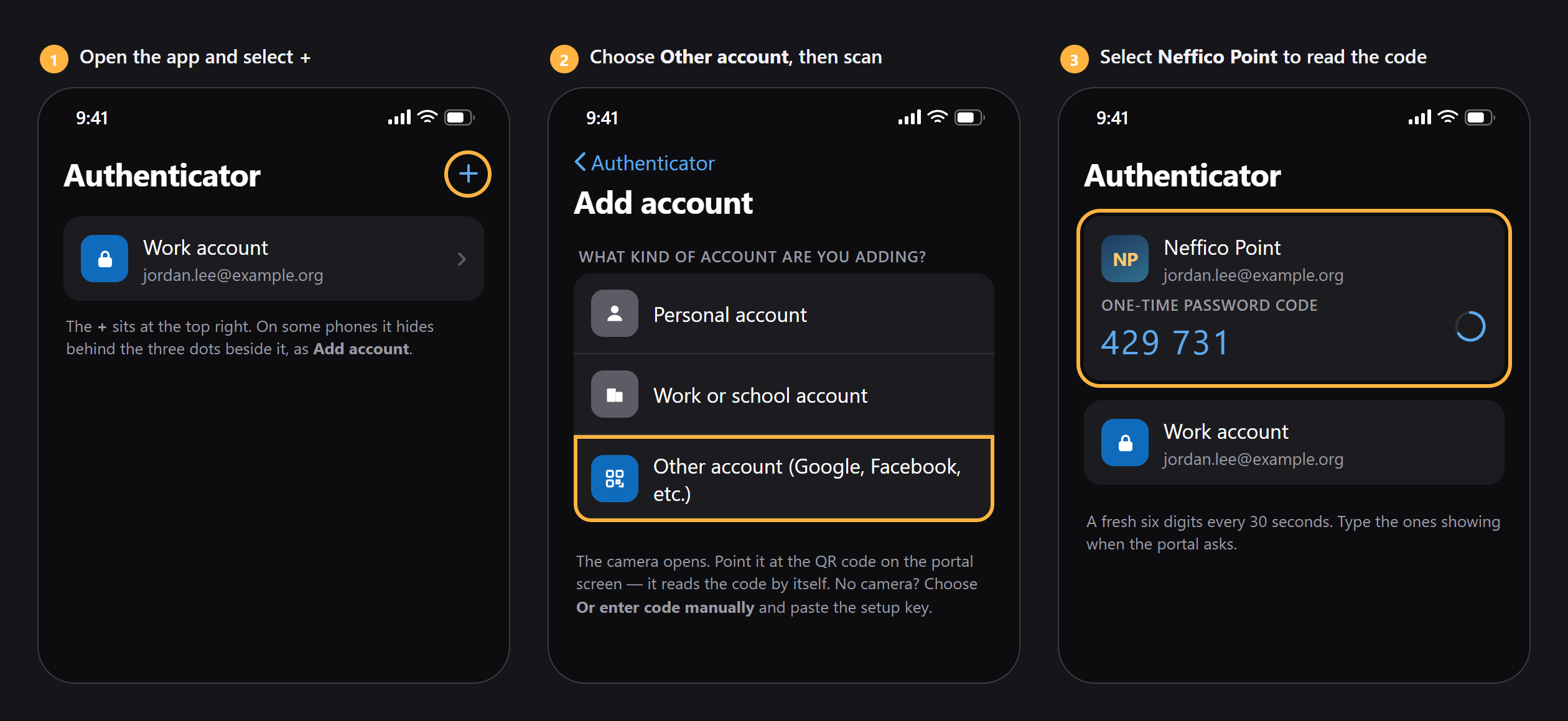 Illustration of three screens in Microsoft Authenticator: the account list with the plus button highlighted, the Add account screen with Other account highlighted, and the finished Neffico Point entry showing a one-time password code