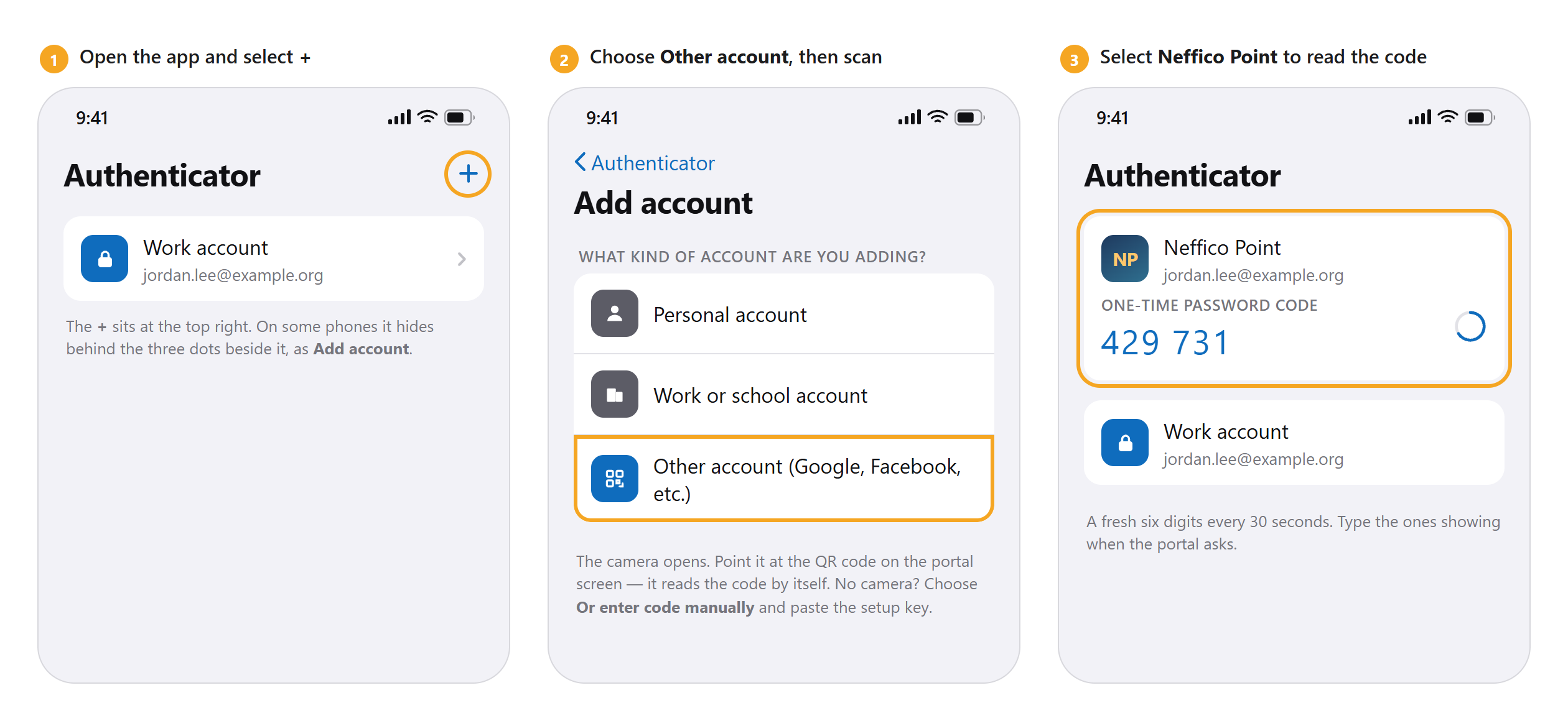 Illustration of three screens in Microsoft Authenticator: the account list with the plus button highlighted, the Add account screen with Other account highlighted, and the finished Neffico Point entry showing a one-time password code