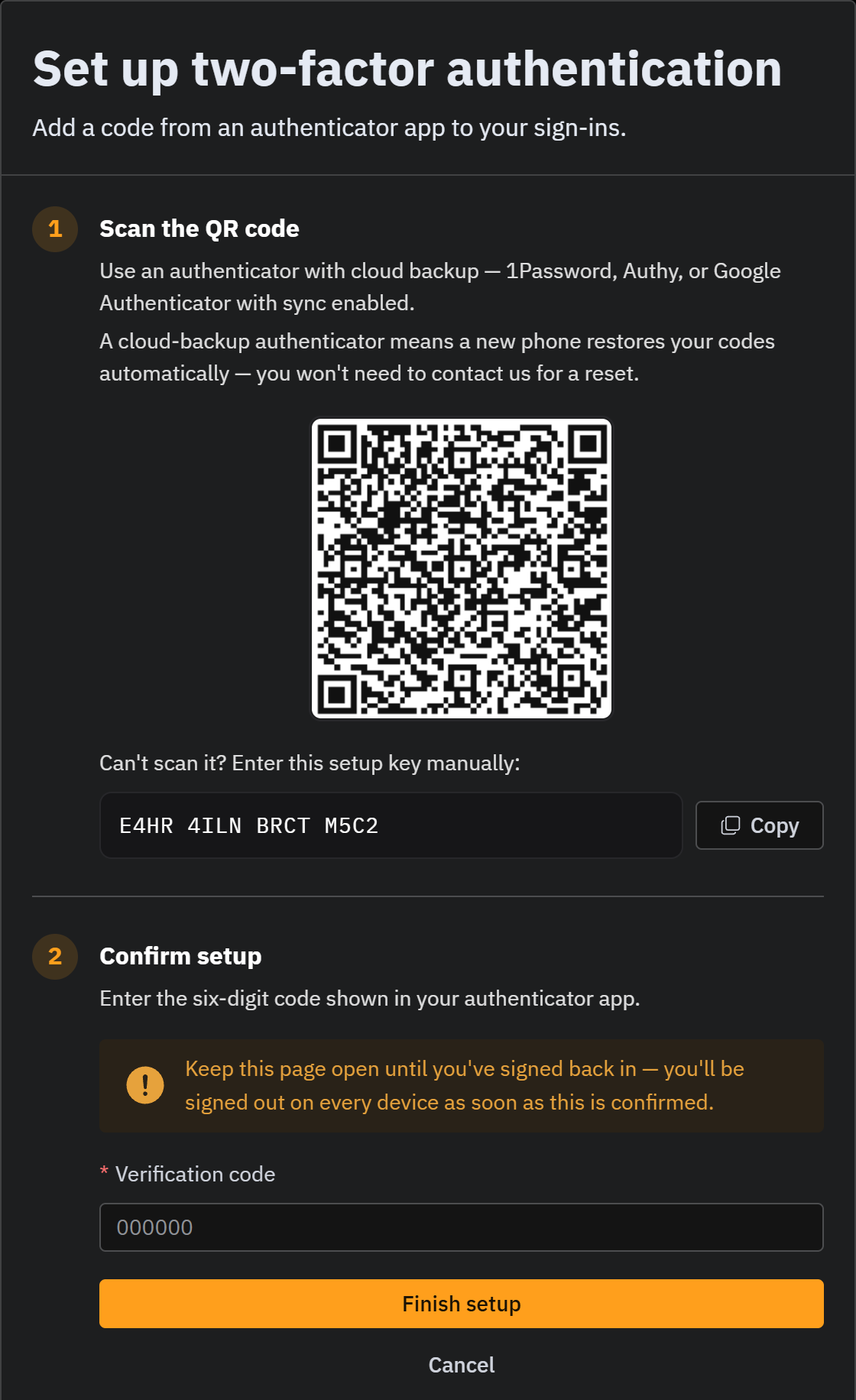 The Set up two-factor authentication screen, with the QR code, the setup key and its Copy button, and the Verification code field underneath