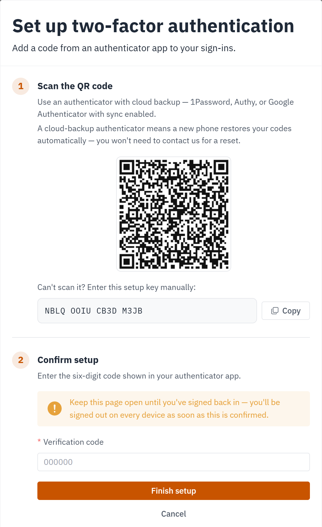The Set up two-factor authentication screen, with the QR code, the setup key and its Copy button, and the Verification code field underneath