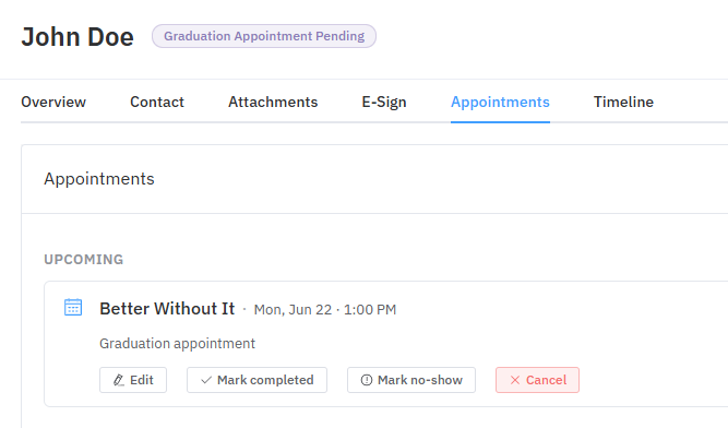 The Appointments tab showing the booked graduation visit under Upcoming, with Edit, Mark completed, Mark no-show, and Cancel options