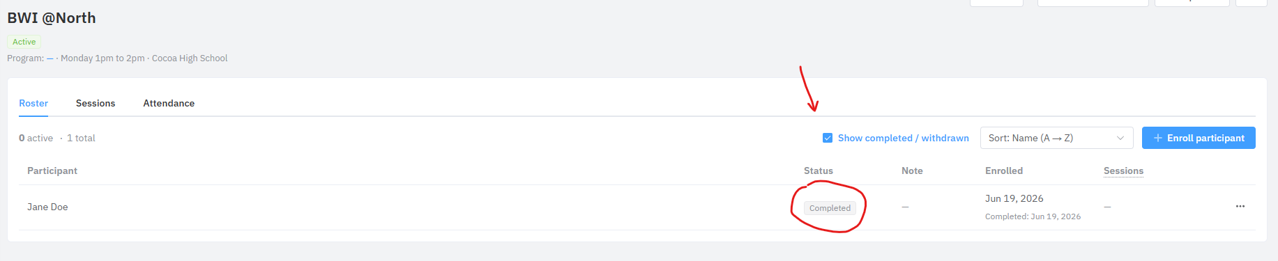 The roster with Show completed / withdrawn ticked, showing the student now has a Completed status