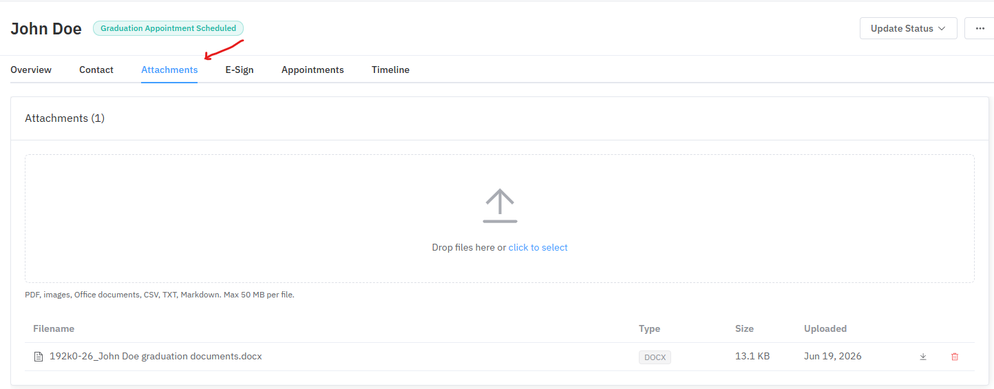 The Attachments tab with the final graduation documents uploaded to the case
