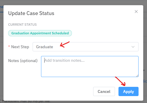The Update Case Status window with Graduate selected as the next step and the Apply button