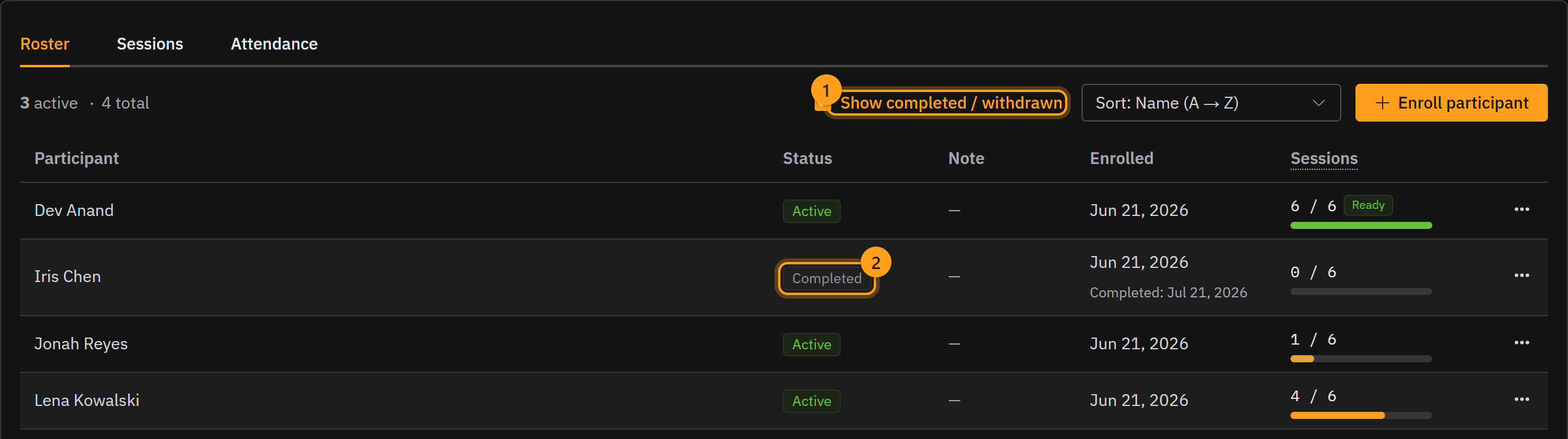 Tick Show completed / withdrawn (1) and the finished student appears with a Completed status (2)