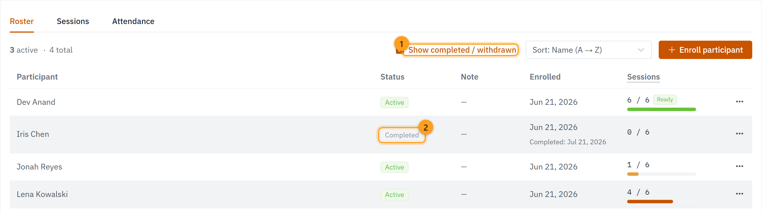 Tick Show completed / withdrawn (1) and the finished student appears with a Completed status (2)