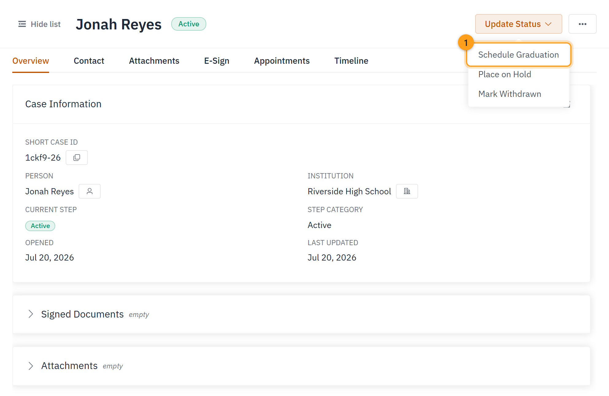 The Update Status menu, open to show Schedule Graduation (1)