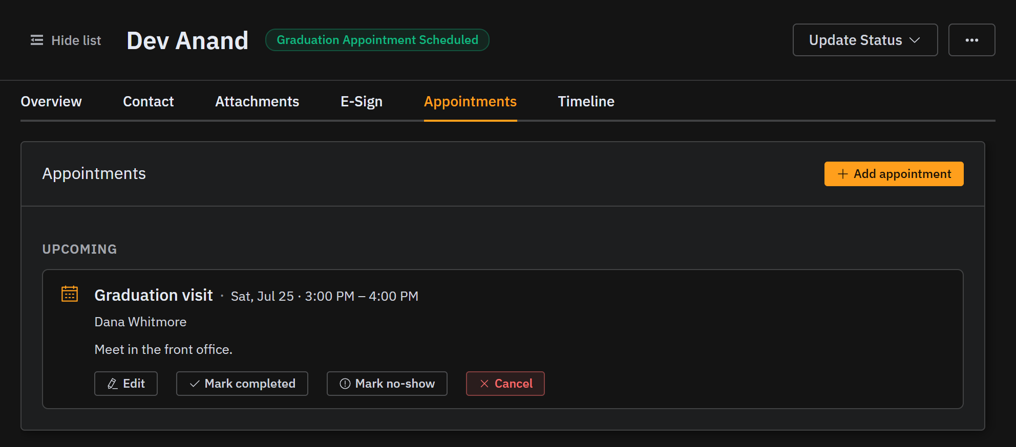 The Appointments tab: the booked graduation visit sits under Upcoming, with Edit, Mark completed, Mark no-show and Cancel