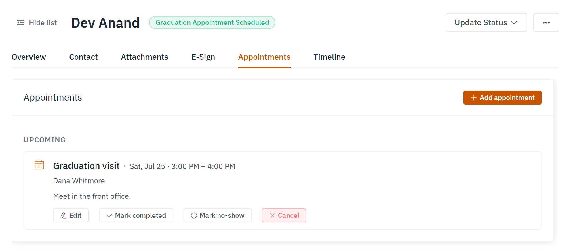 The Appointments tab: the booked graduation visit sits under Upcoming, with Edit, Mark completed, Mark no-show and Cancel