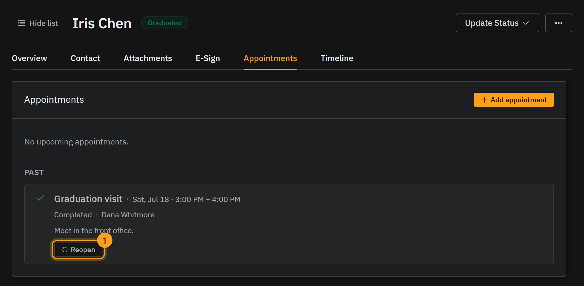 The Appointments tab: the finished graduation visit now sits under Past, with a Reopen button (1)