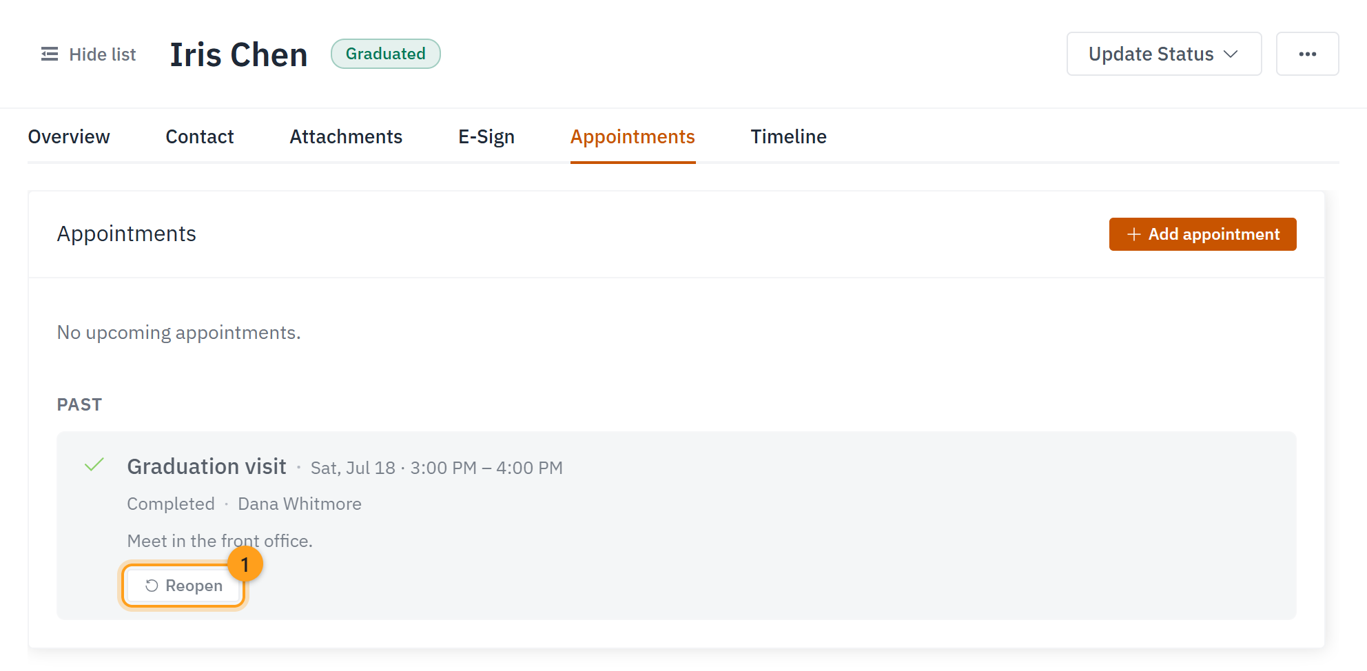 The Appointments tab: the finished graduation visit now sits under Past, with a Reopen button (1)