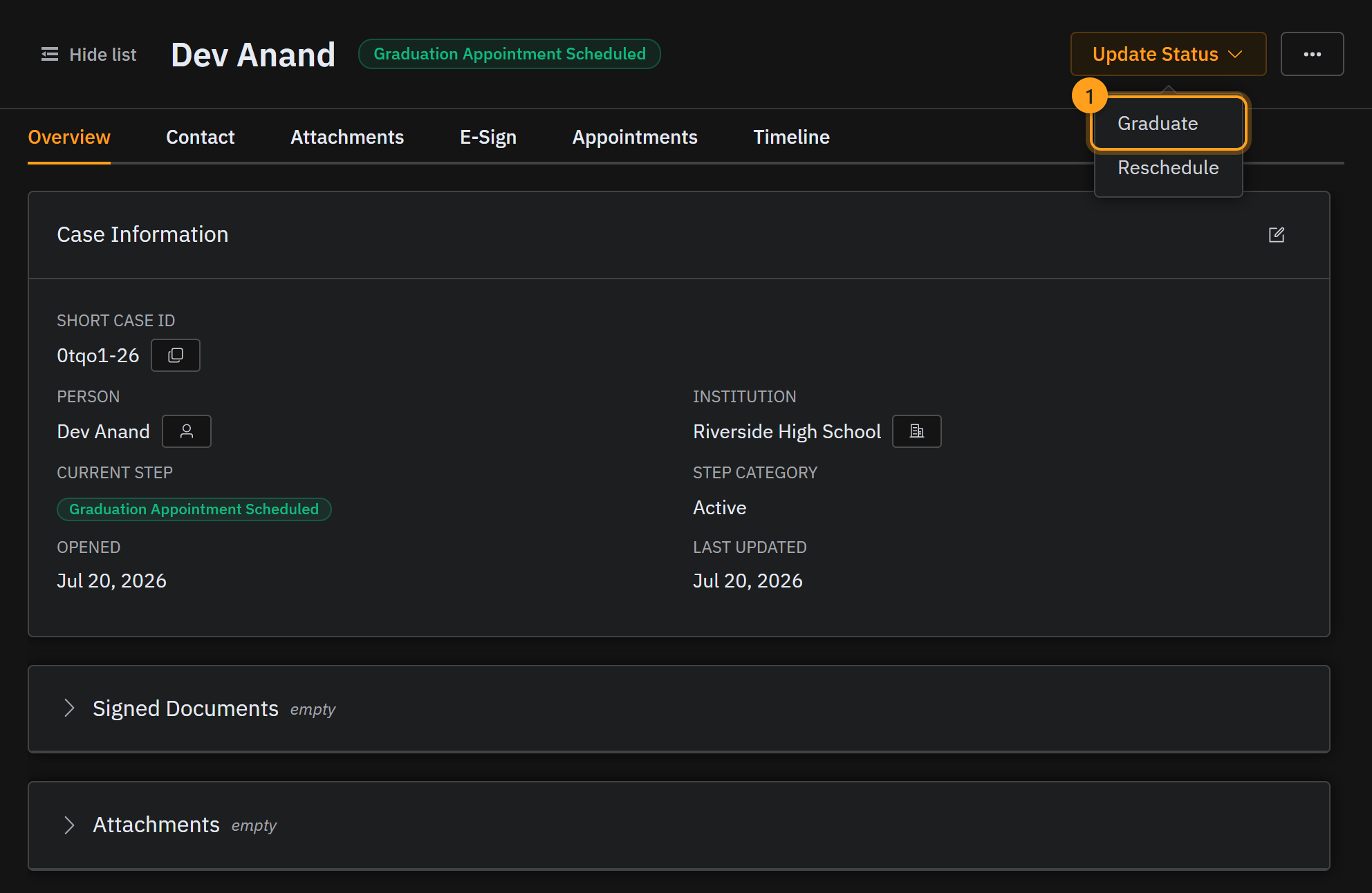 The Update Status menu, open to show Graduate (1)