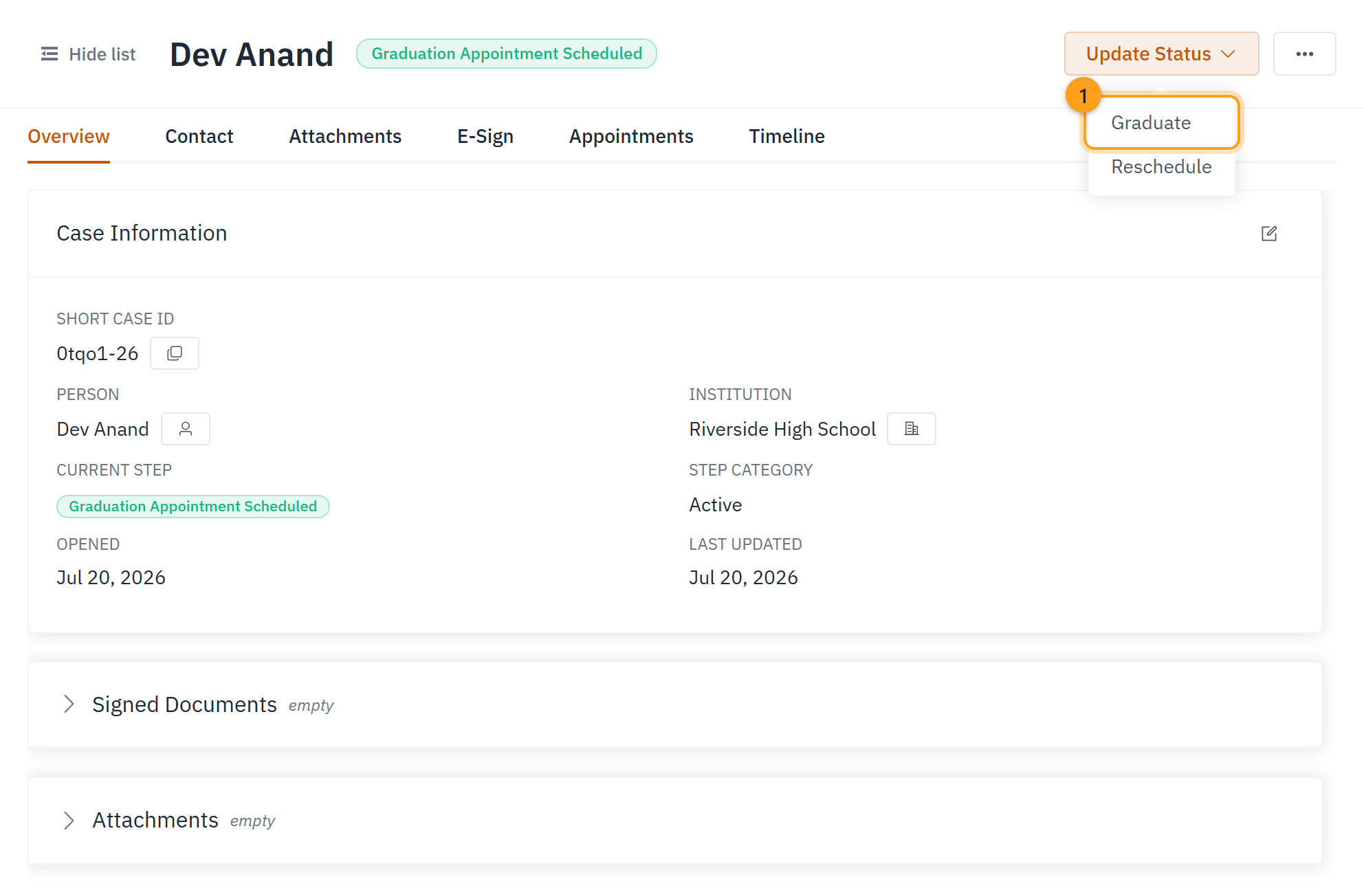 The Update Status menu, open to show Graduate (1)