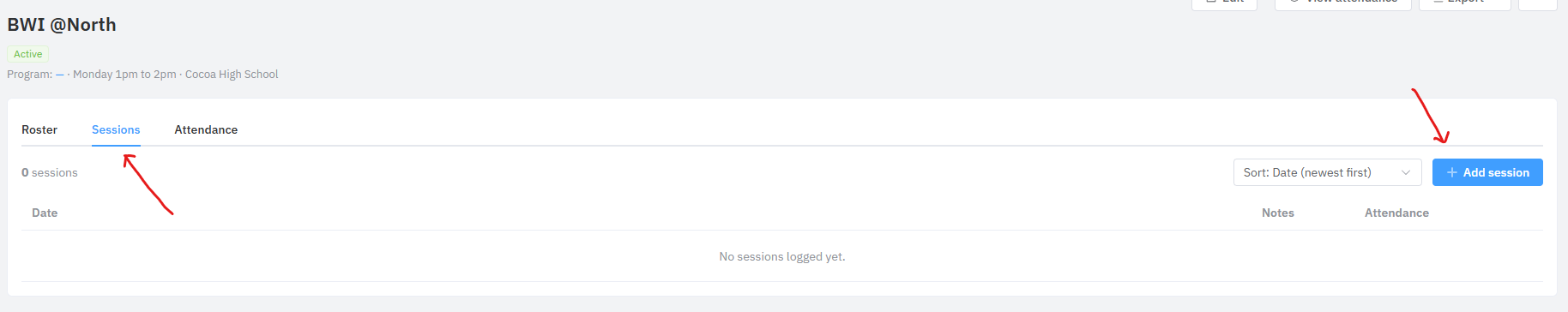The Sessions tab with no sessions logged yet and the Add session button on the right