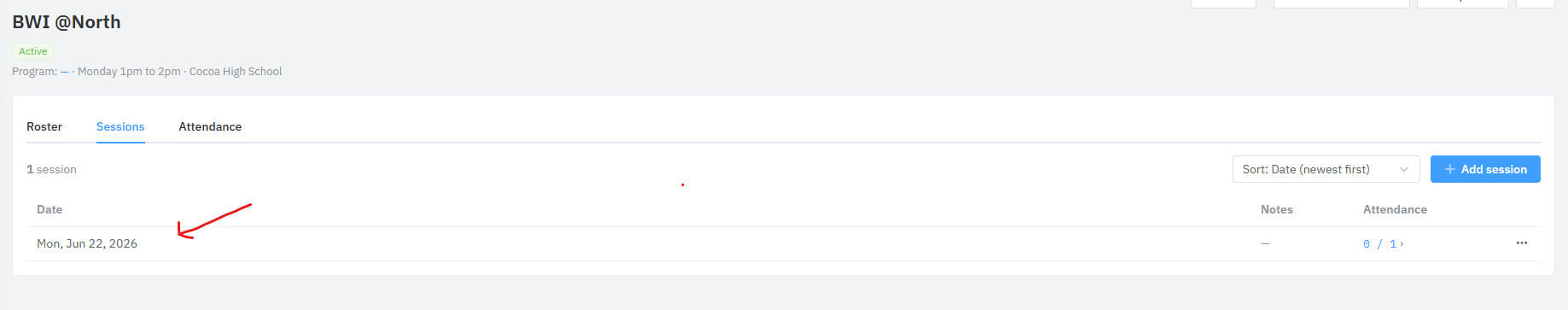 The Sessions tab now showing the new session, Mon, Jun 22, 2026, with its attendance count