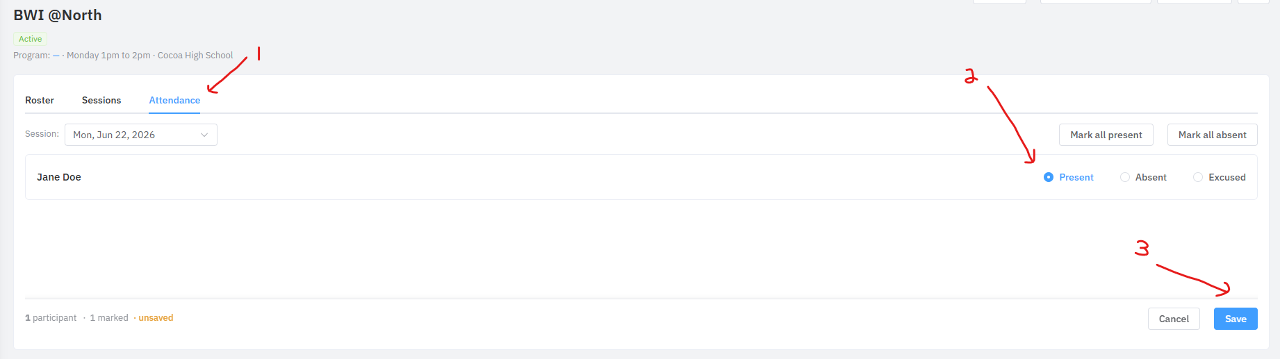 The Attendance tab for the chosen session: mark each student Present, Absent, or Excused, then click Save