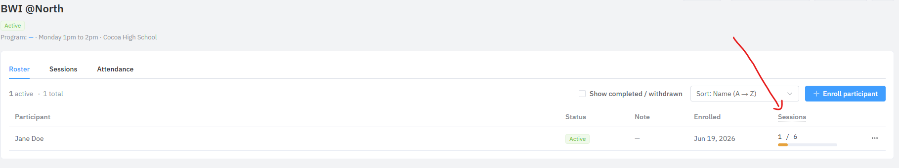Back on the Roster, the student's sessions progress bar has moved up to 1 / 6 after attendance was saved