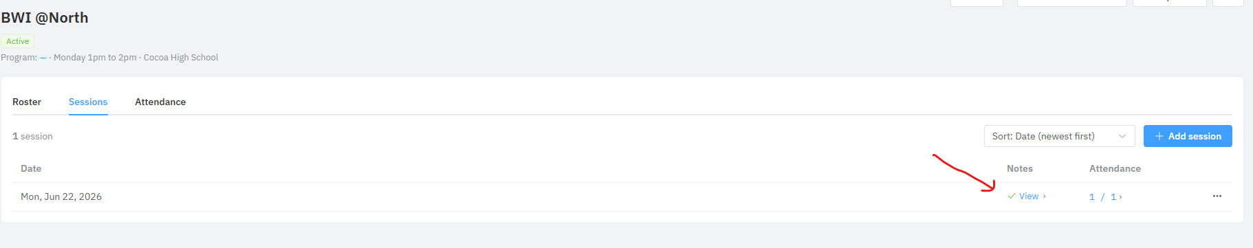 The Sessions tab showing the session now has a note, with a green View link in the Notes column