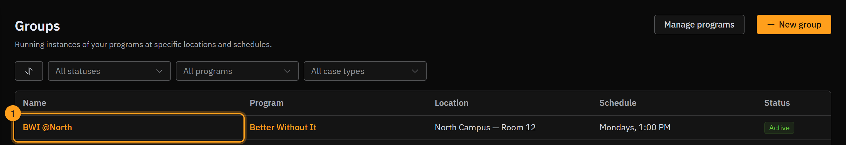 The Groups area listing the group BWI @North (1) with its program, location, schedule and status