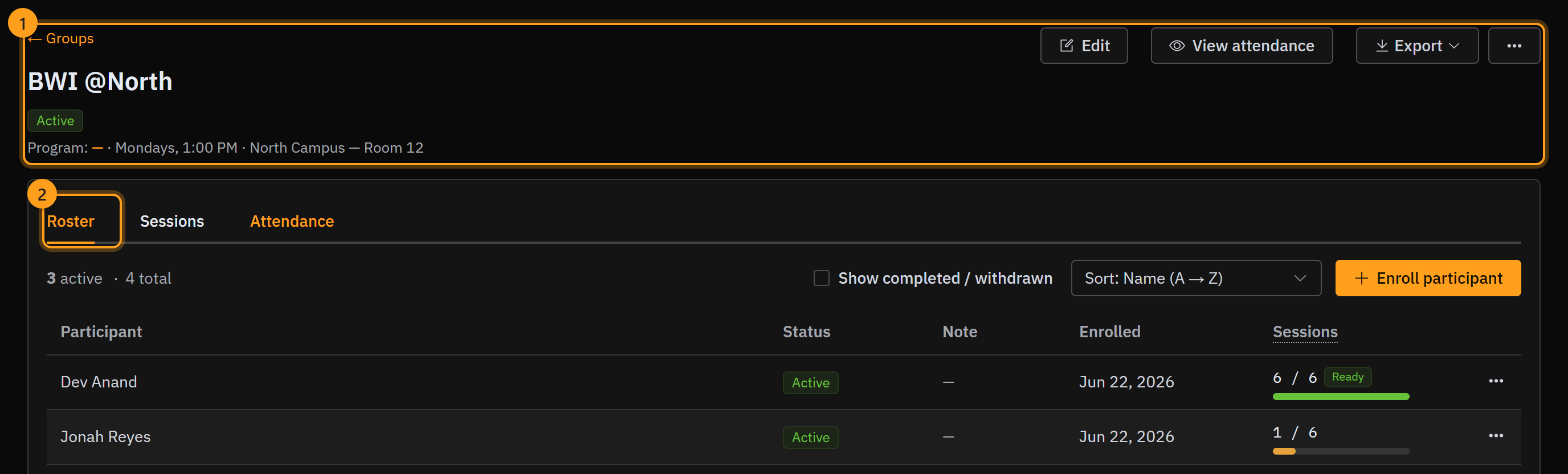 The group header showing the schedule and status (1), above the Roster, Sessions, Attendance and Notes tabs (2)