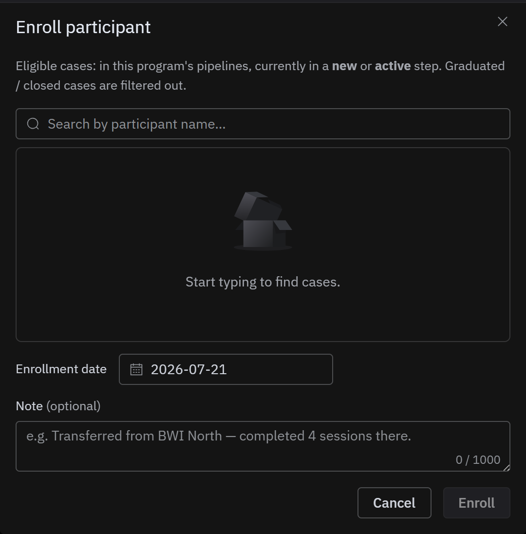 The Enroll participant window: search for the student, pick their case, set the enrollment date, add an optional note, then enroll