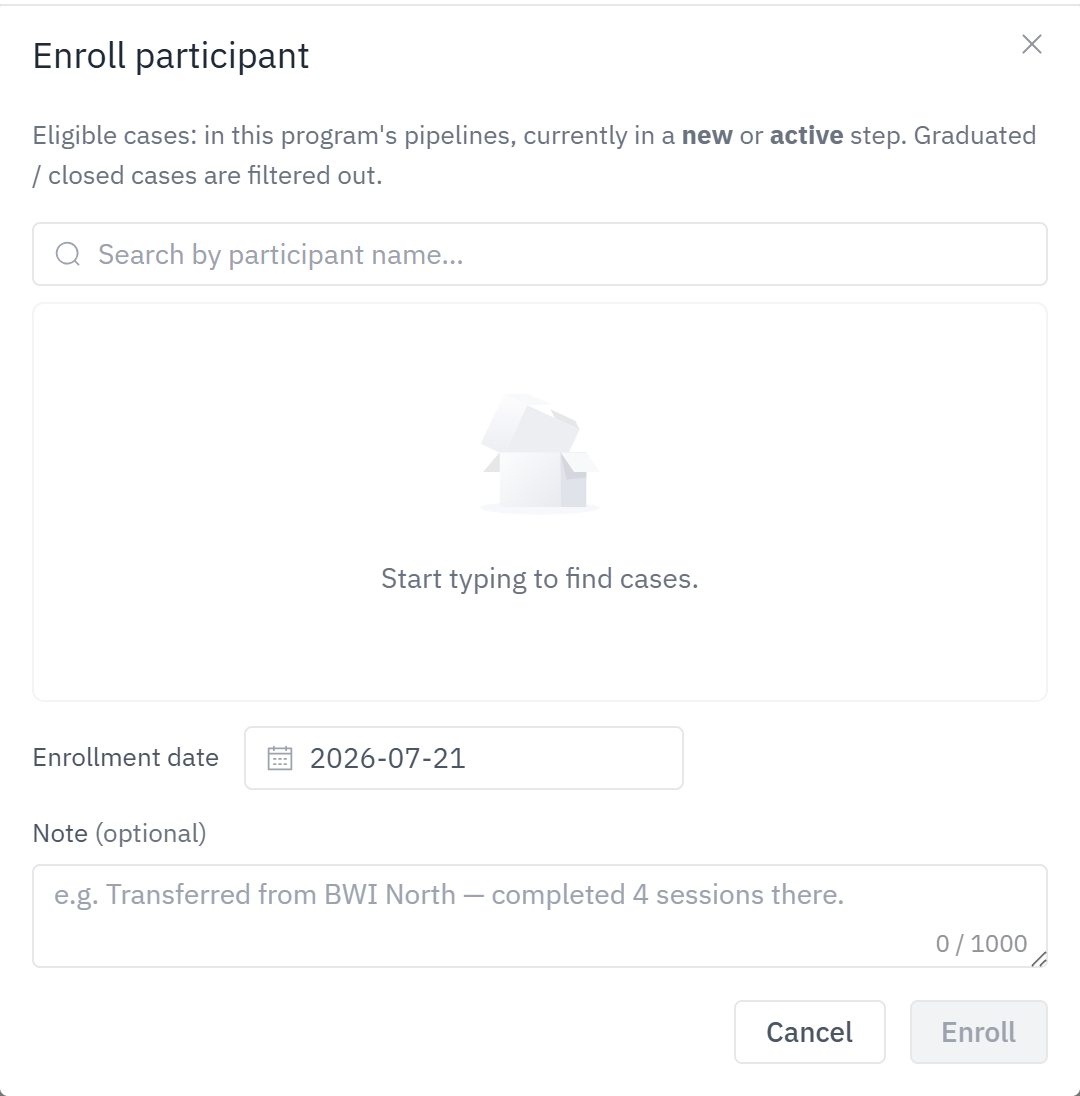 The Enroll participant window: search for the student, pick their case, set the enrollment date, add an optional note, then enroll