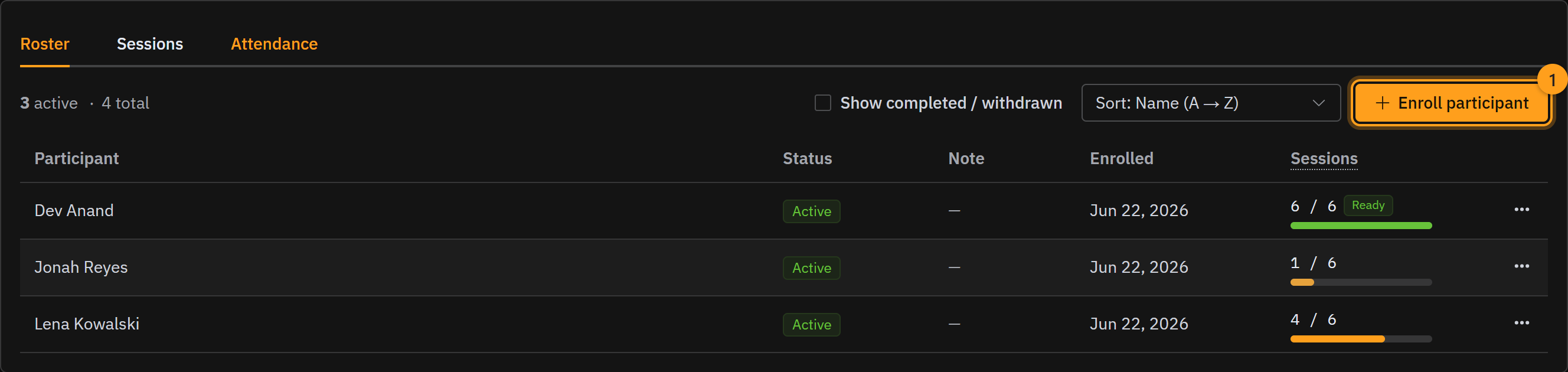 The Roster tab, with the Enroll participant button at the top right (1)