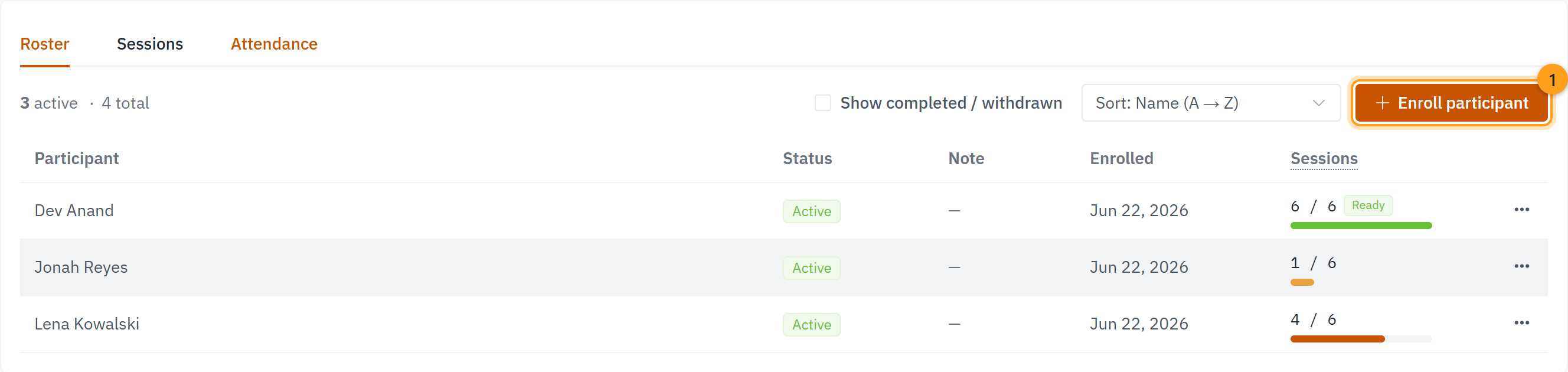 The Roster tab, with the Enroll participant button at the top right (1)