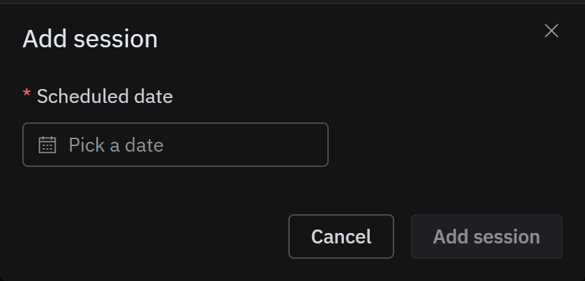 The Add session window: pick the date the group is meeting, then add it