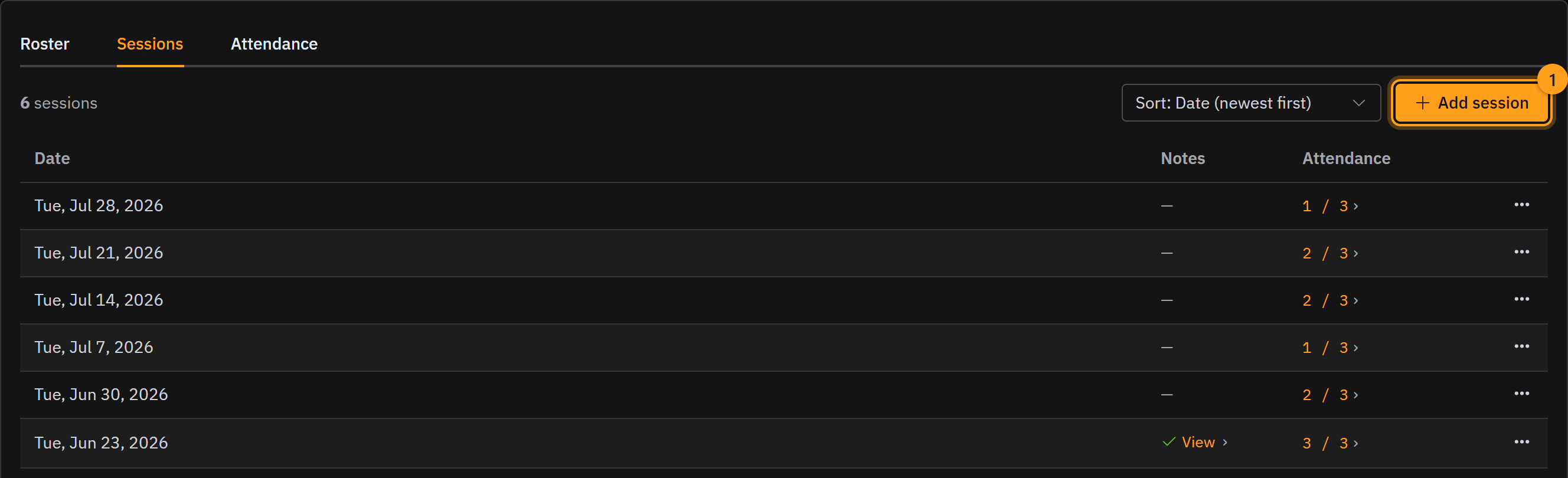 The Sessions tab listing each meeting by date, with the Add session button at the top right (1)