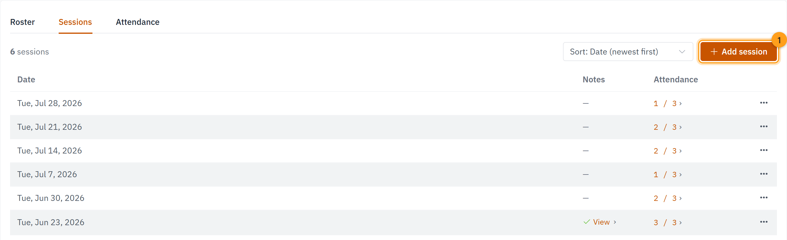The Sessions tab listing each meeting by date, with the Add session button at the top right (1)