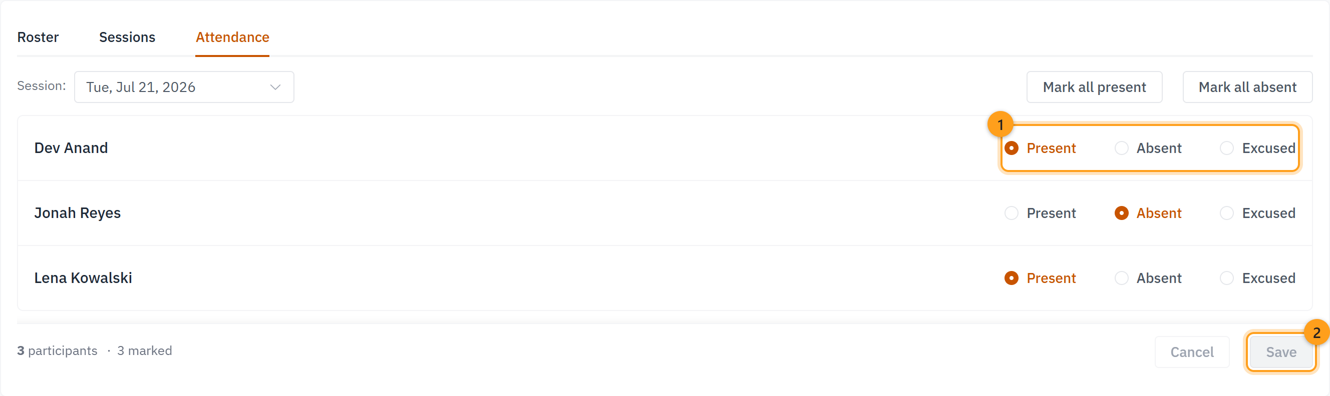 The Attendance tab: mark each student Present, Absent or Excused (1), then save (2)