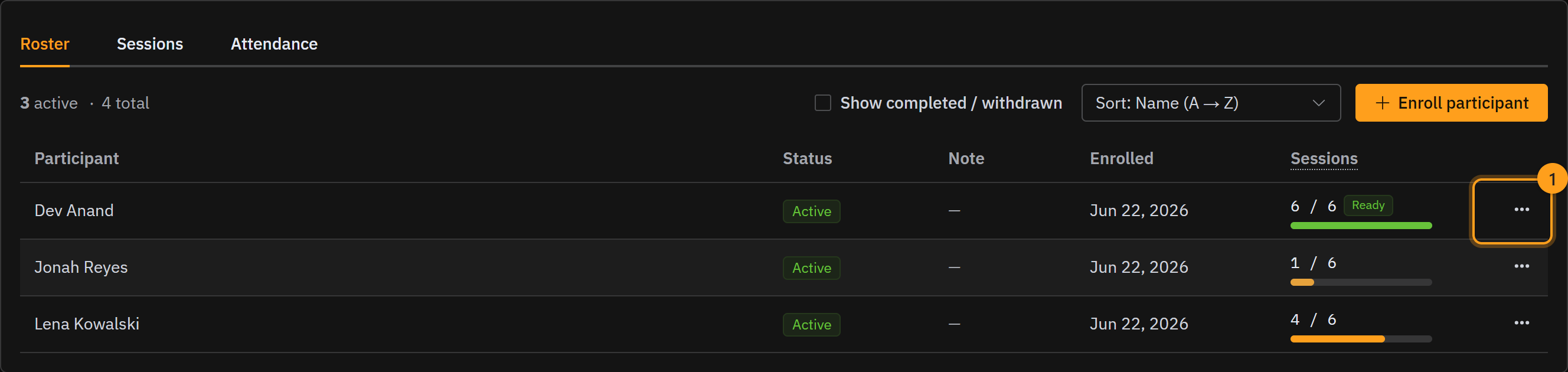 Back on the Roster, each student's progress bar (1) reflects the attendance you just saved