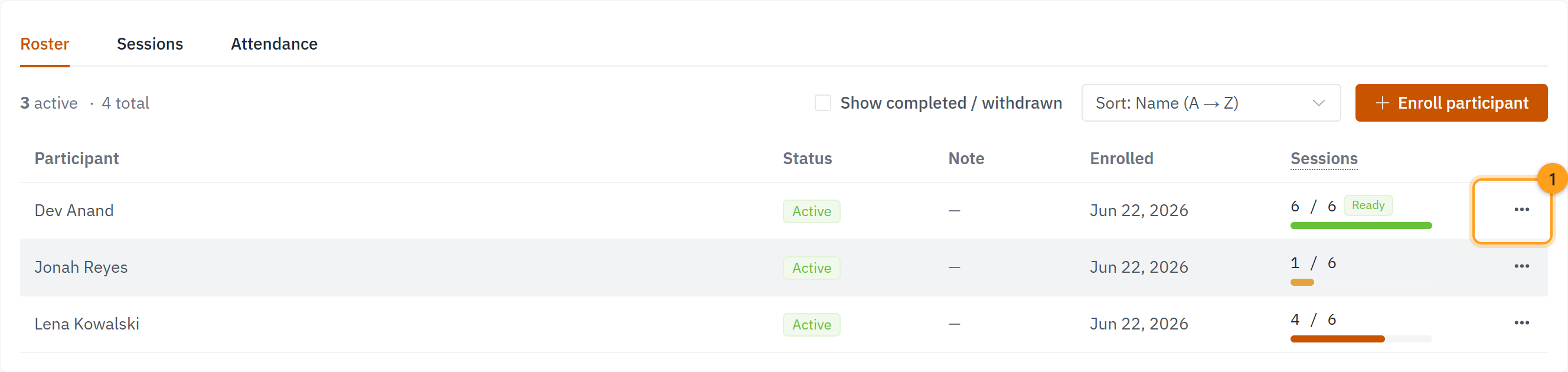 Back on the Roster, each student's progress bar (1) reflects the attendance you just saved