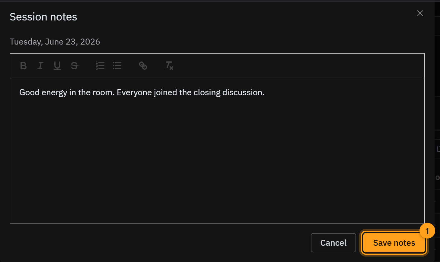 The session notes window with the note written in, and Save notes (1)