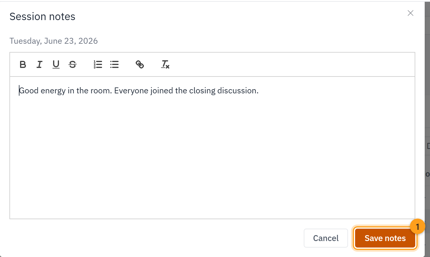 The session notes window with the note written in, and Save notes (1)