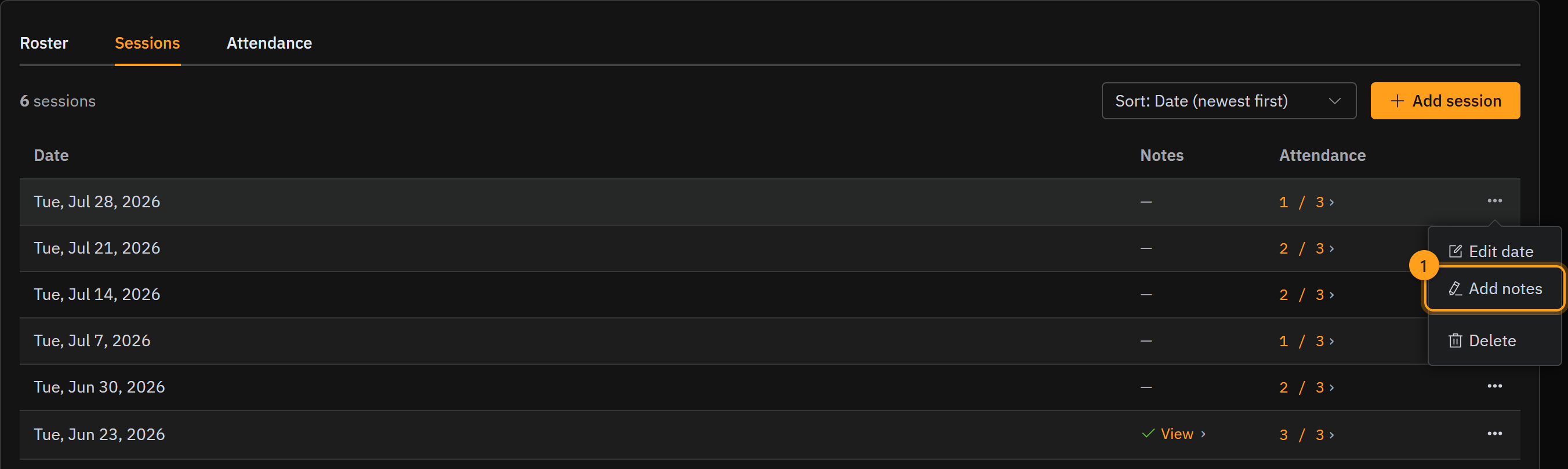 The session row's menu, open to show Edit date, Add notes (1), and Delete