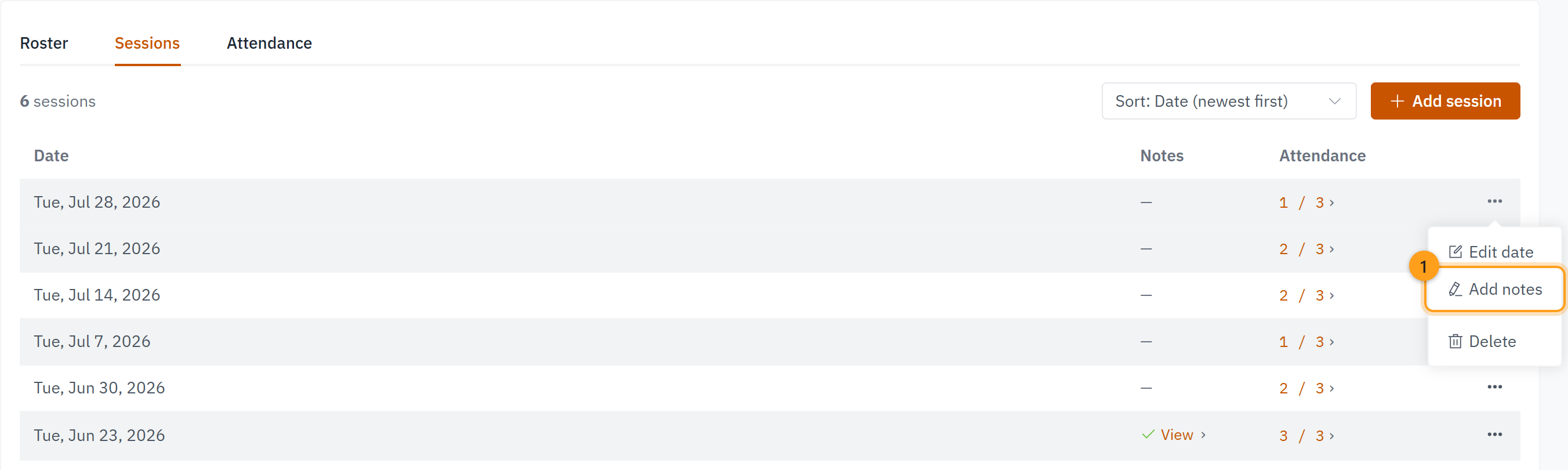 The session row's menu, open to show Edit date, Add notes (1), and Delete