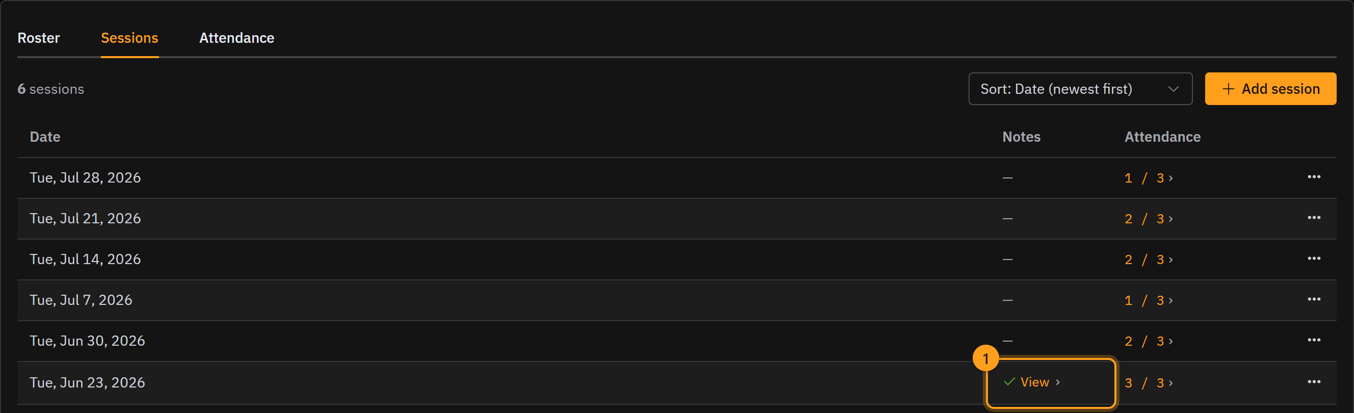 The Sessions tab: a session that has a note shows a green View link in the Notes column (1)