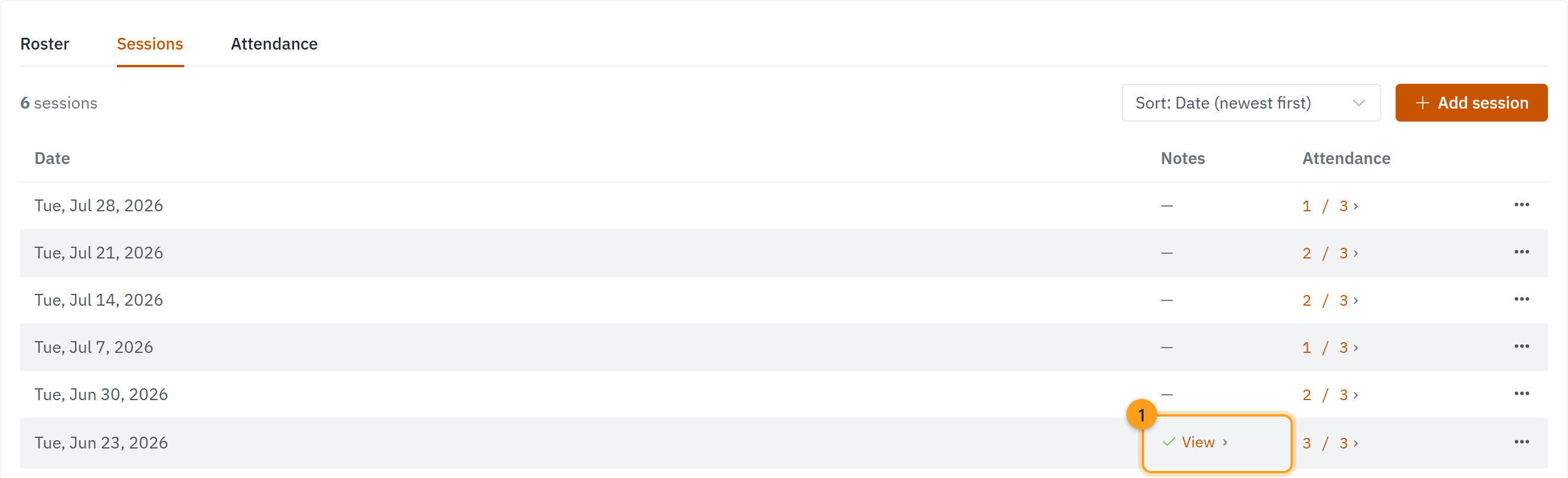 The Sessions tab: a session that has a note shows a green View link in the Notes column (1)