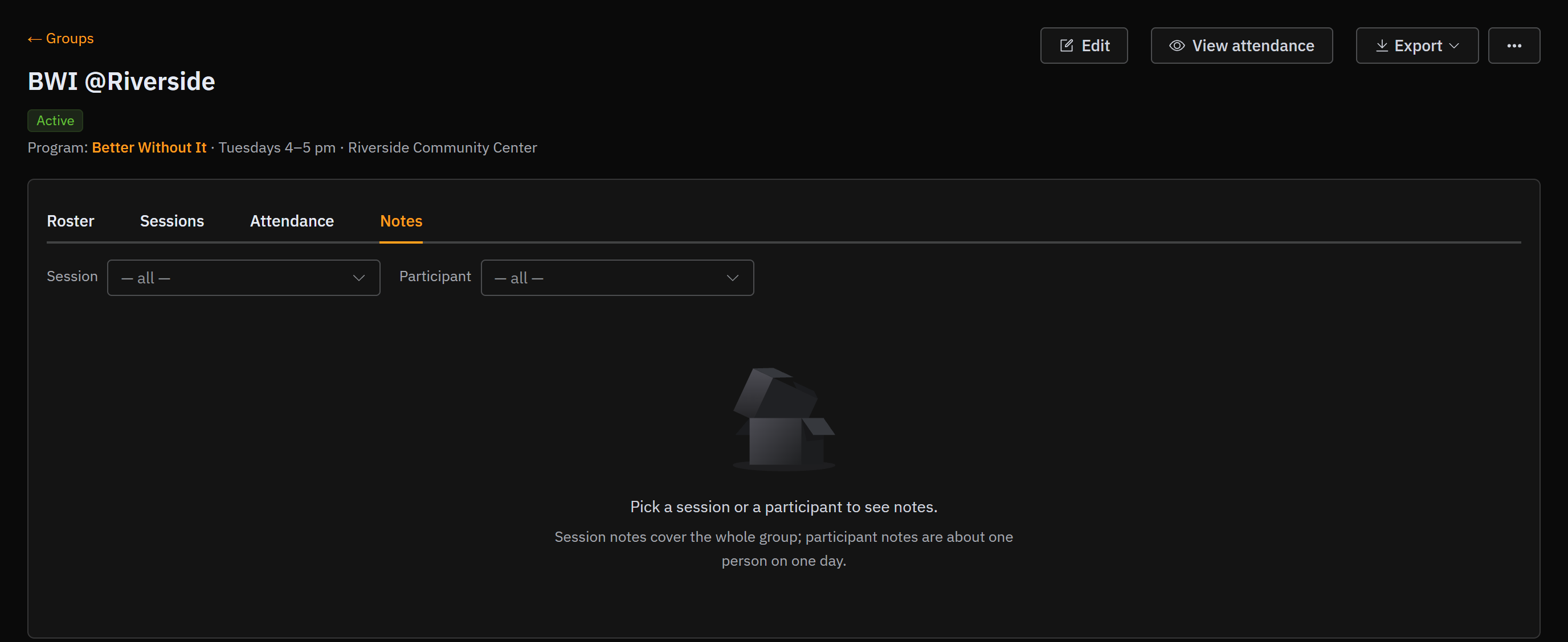 The Notes tab with the Session and Participant dropdowns, before either is chosen