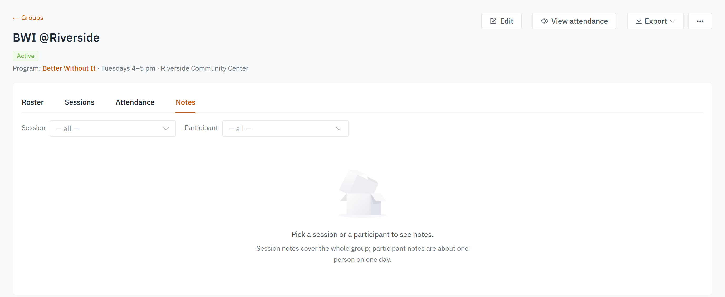 The Notes tab with the Session and Participant dropdowns, before either is chosen