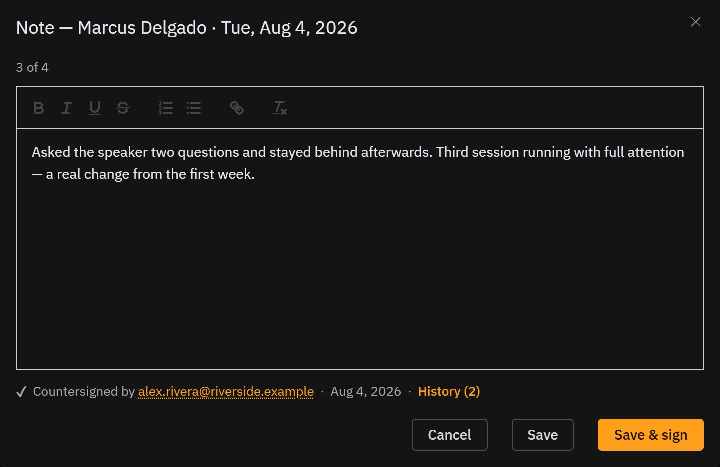 The note window for one participant, with Save and Save & sign at the bottom