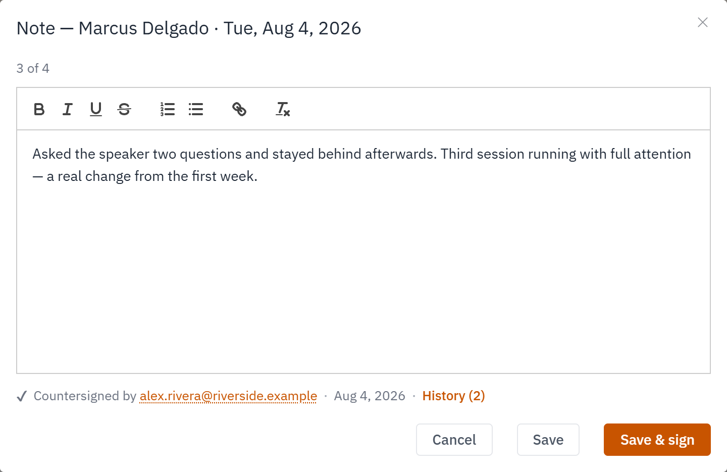 The note window for one participant, with Save and Save & sign at the bottom